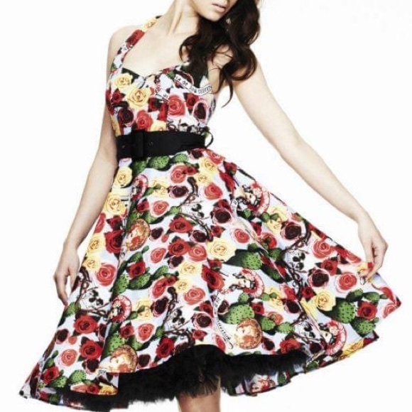 HELL BUNNY Mexico 50s Rockabilly Halter Neck Cotton Midi Dress - Picture 7 of 16